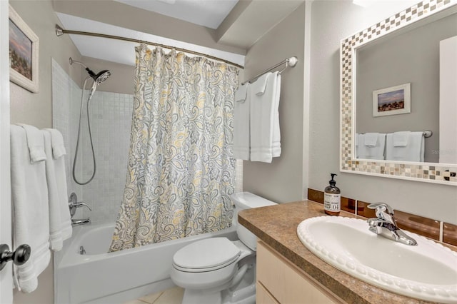 bathroom featuring tile patterned flooring, shower / bathtub combination with curtain, toilet, and vanity