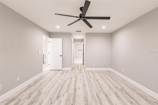 unfurnished bedroom featuring recessed lighting, a ceiling fan, light wood-style floors, visible vents, and baseboards