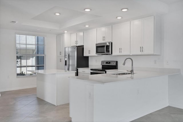 kitchen with stainless steel appliances, a sink, light countertops, a center island, and a raised ceiling