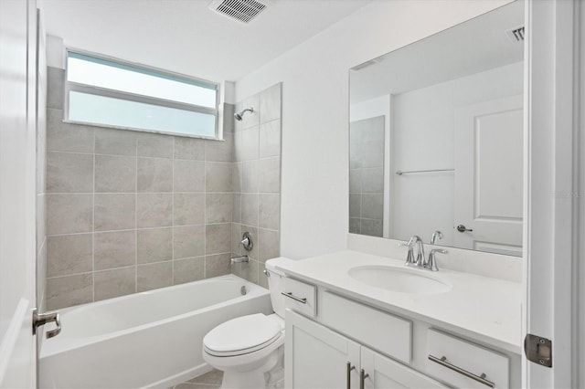 full bath with toilet, vanity, shower / tub combination, and visible vents