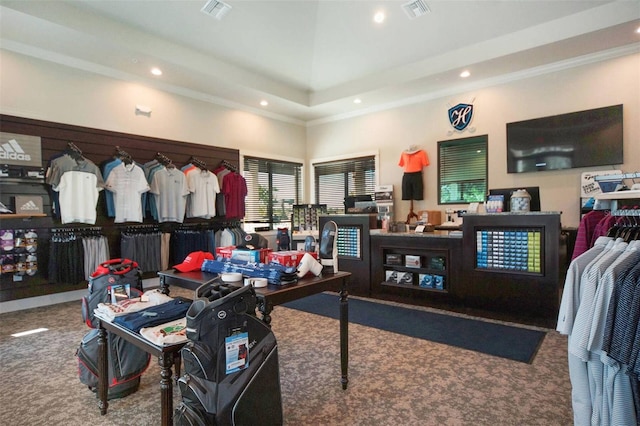 home office with carpet floors, visible vents, crown molding, and recessed lighting