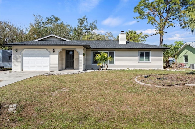 single story home featuring a front lawn, central air condition unit, a chimney, driveway, and an attached garage