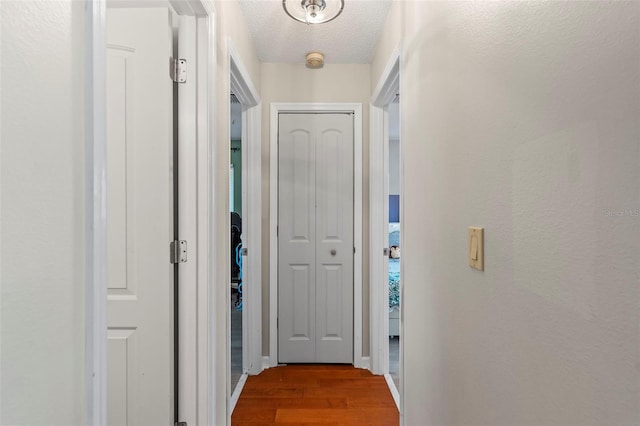 hall featuring a textured ceiling and wood finished floors