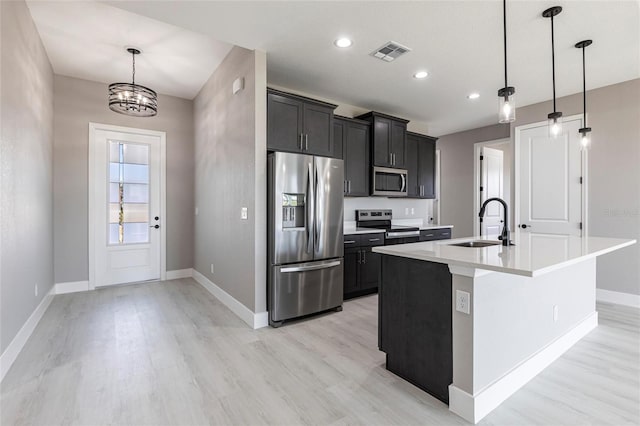 kitchen with a kitchen island with sink, stainless steel appliances, a sink, visible vents, and light wood finished floors