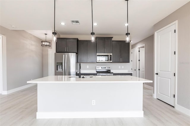 kitchen with stainless steel appliances, light countertops, visible vents, a kitchen island with sink, and a sink