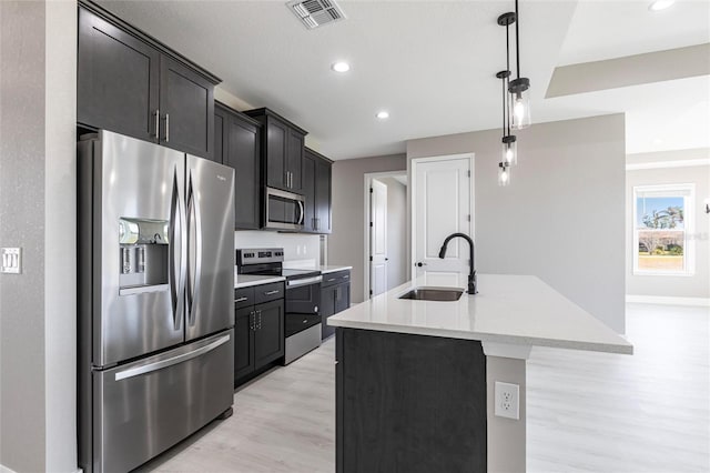 kitchen featuring stainless steel appliances, a sink, visible vents, light countertops, and a center island with sink