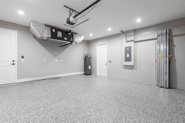 garage with electric water heater, recessed lighting, baseboards, electric panel, and a garage door opener