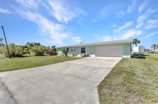 single story home featuring stucco siding, a front lawn, concrete driveway, a garage, and metal roof