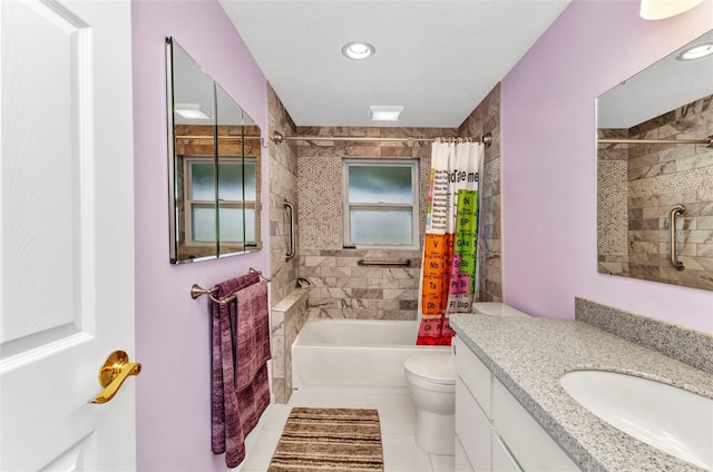 bathroom with tile patterned floors, toilet, vanity, and shower / bathtub combination with curtain