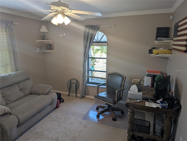 carpeted office with ceiling fan, baseboards, and ornamental molding