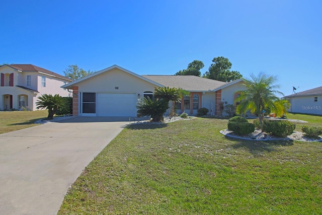 single story home with stucco siding, an attached garage, concrete driveway, and a front yard