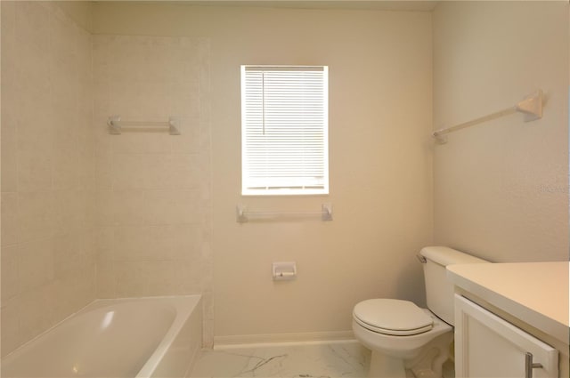 bathroom with baseboards, toilet, marble finish floor, and vanity