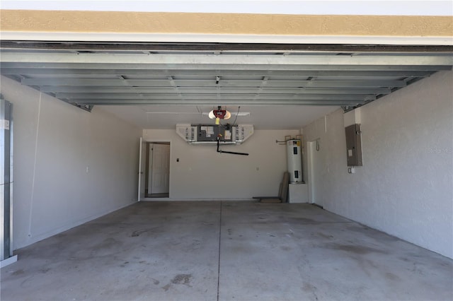 garage featuring electric panel, electric water heater, and a garage door opener