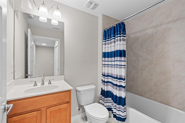 bathroom with visible vents, toilet, vanity, and shower / bathtub combination with curtain