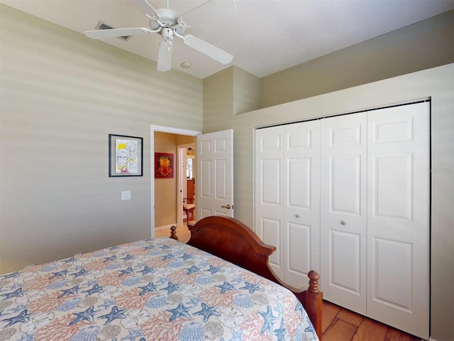 bedroom featuring a closet, a ceiling fan, and light wood finished floors