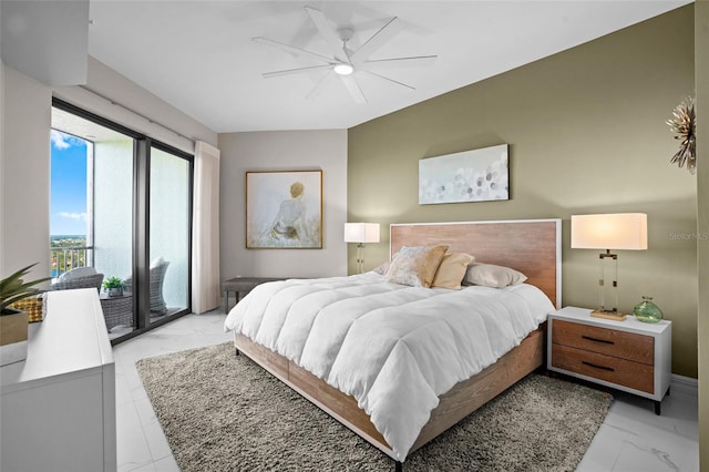 bedroom featuring marble finish floor, access to exterior, and a ceiling fan