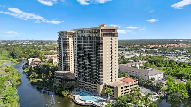 birds eye view of property featuring a water view