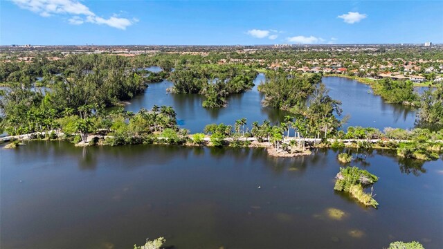 bird's eye view with a water view