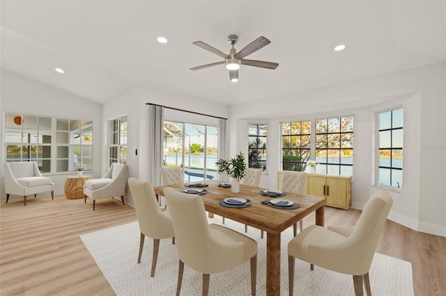dining space with recessed lighting, a ceiling fan, and light wood-type flooring