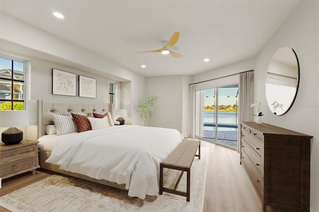 bedroom with a ceiling fan, access to outside, recessed lighting, and light wood-style floors