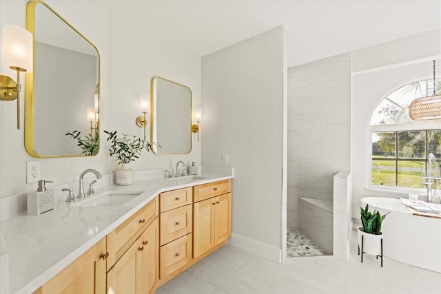 full bath with a freestanding bath, double vanity, a walk in shower, and a sink