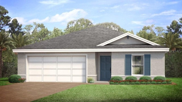 view of front of house featuring a front yard, roof with shingles, driveway, stucco siding, and a garage