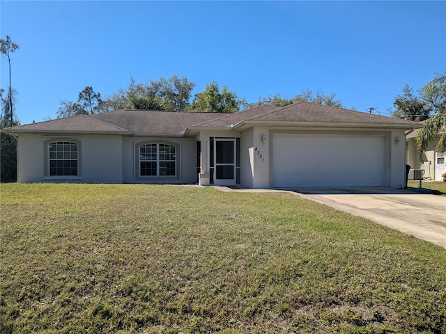 ranch-style home with a front yard, driveway, a shingled roof, stucco siding, and a garage