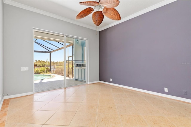 tiled spare room with baseboards, a ceiling fan, crown molding, and a sunroom