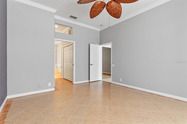 empty room with visible vents, crown molding, baseboards, light tile patterned floors, and a ceiling fan