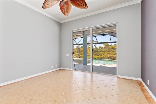 unfurnished room with crown molding, ceiling fan, baseboards, light tile patterned floors, and a sunroom