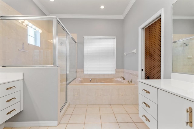 bathroom featuring a stall shower, ornamental molding, vanity, and tile patterned floors