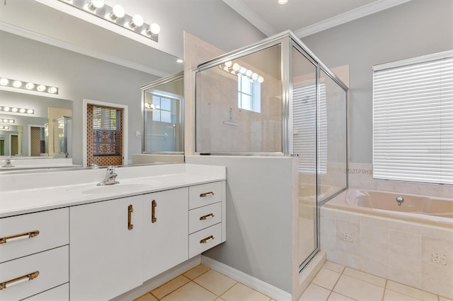 bathroom featuring vanity, tile patterned floors, a shower stall, and ornamental molding