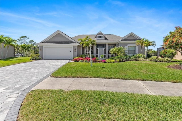 view of front facade featuring decorative driveway, a front lawn, an attached garage, and covered porch