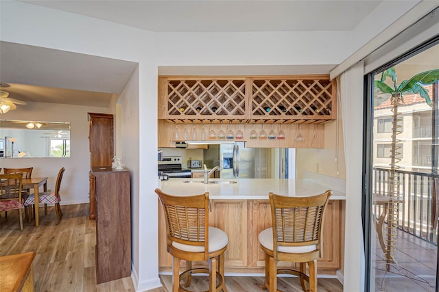 interior space featuring a bar, wood finished floors, appliances with stainless steel finishes, and a sink