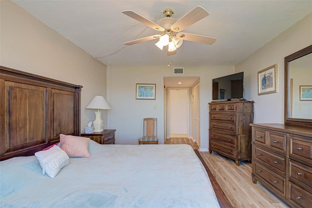 bedroom with a ceiling fan, light wood-style floors, and visible vents