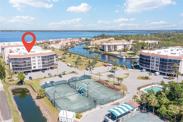 aerial view featuring a water view