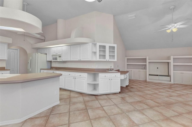 kitchen with open shelves, a sink, white appliances, white cabinets, and ceiling fan