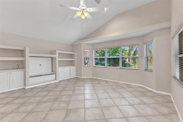 unfurnished living room featuring visible vents, baseboards, built in features, vaulted ceiling, and a ceiling fan