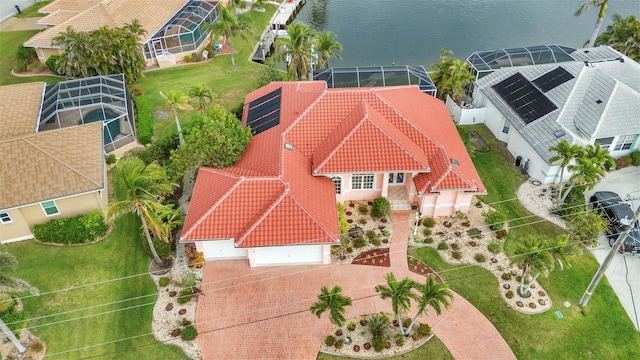 aerial view featuring a water view