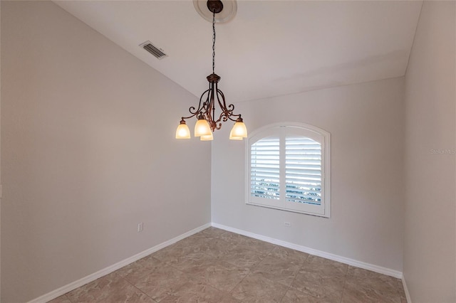 unfurnished room featuring a chandelier, visible vents, lofted ceiling, and baseboards