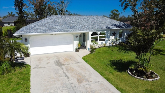 ranch-style house with a front yard, driveway, roof with shingles, stucco siding, and a garage