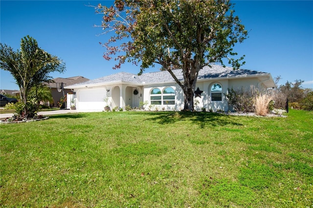 single story home with stucco siding, a garage, concrete driveway, and a front yard