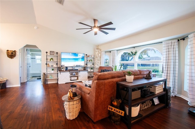 living room with arched walkways, visible vents, lofted ceiling, and wood finished floors