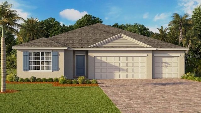 view of front of property with stucco siding, an attached garage, a shingled roof, and a front lawn