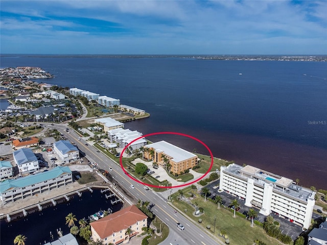 aerial view featuring a water view