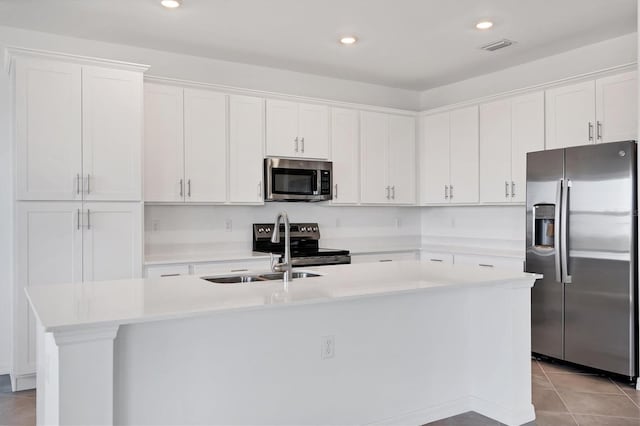 kitchen with white cabinets, an island with sink, and appliances with stainless steel finishes