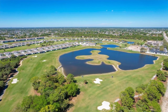 bird's eye view with golf course view and a water view