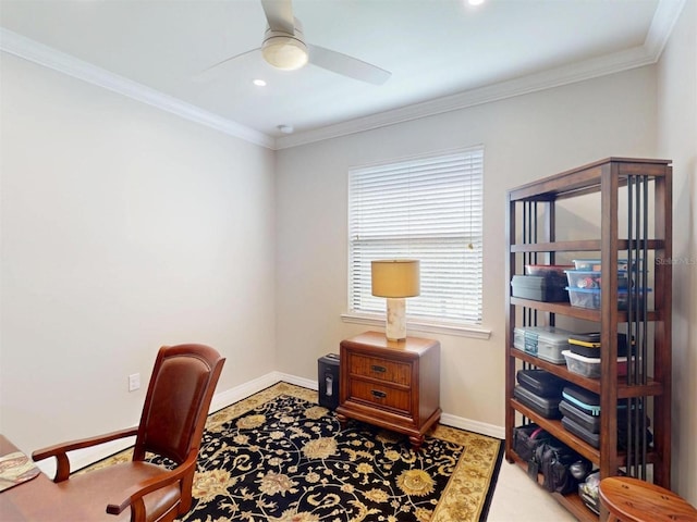 home office featuring recessed lighting, a ceiling fan, crown molding, and baseboards