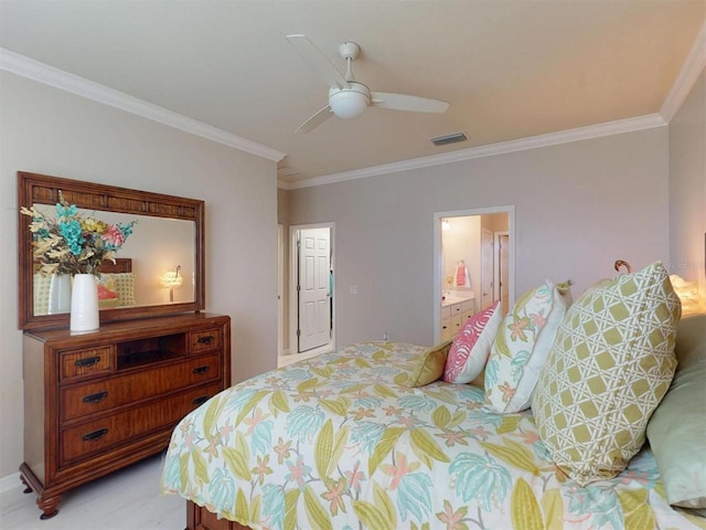 bedroom with visible vents, connected bathroom, crown molding, and a ceiling fan