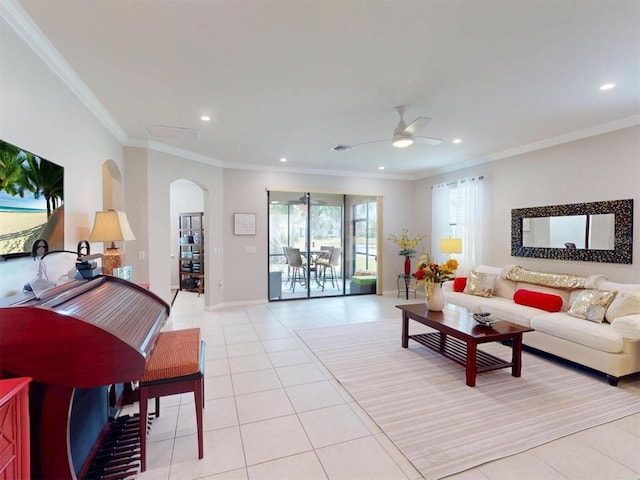 living room with crown molding, light tile patterned floors, and recessed lighting